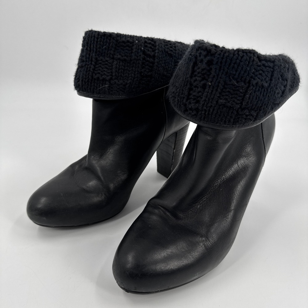 UGG Ankle Boots Womens 9 Black Leather Knit Fold Over Block Heel 1003735‎